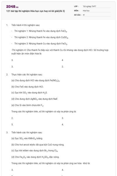 121 bài tập thí nghiệm Hóa học cực hay có lời giải(đề 3)