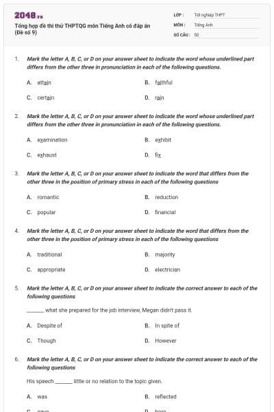 Tổng hợp đề thi thử THPTQG môn Tiếng Anh có đáp án (Đề số 9)