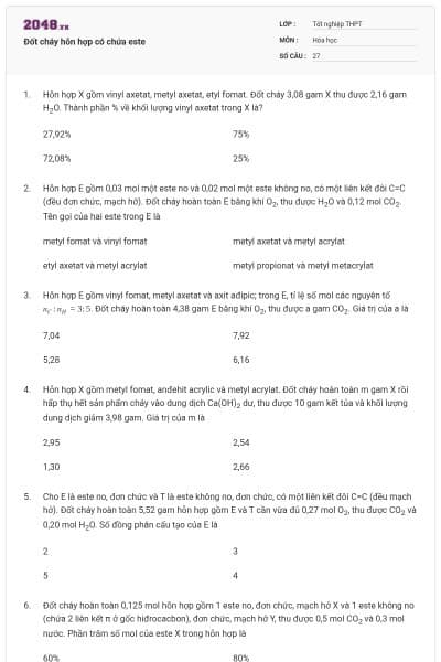Đốt cháy hỗn hợp có chứa este