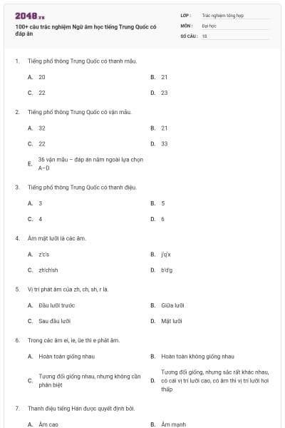 100+ câu trắc nghiệm Ngữ âm học tiếng Trung Quốc có đáp án