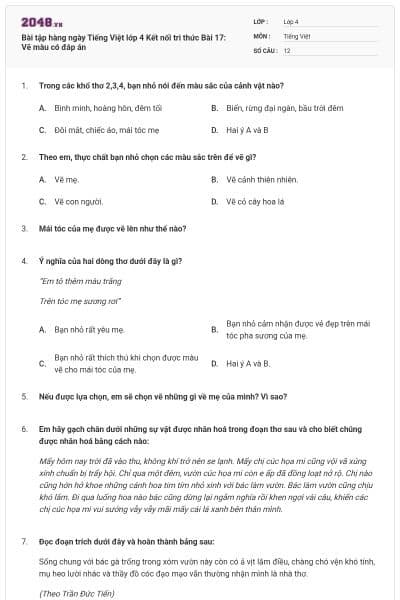 Bài tập hàng ngày Tiếng Việt lớp 4 Kết nối tri thức Bài 17: Vẽ màu có đáp án