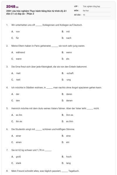 200+ câu trắc nghiệm Thực hành tiếng Đức từ trình độ A1 đến C1 có đáp án - Phần 3
