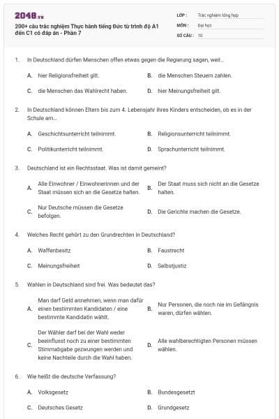 200+ câu trắc nghiệm Thực hành tiếng Đức từ trình độ A1 đến C1 có đáp án - Phần 7
