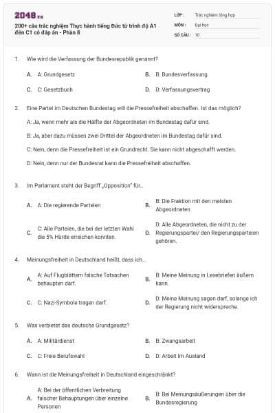 200+ câu trắc nghiệm Thực hành tiếng Đức từ trình độ A1 đến C1 có đáp án - Phần 8