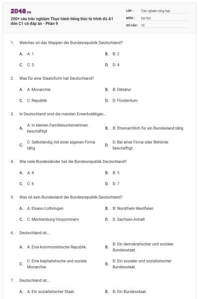 200+ câu trắc nghiệm Thực hành tiếng Đức từ trình độ A1 đến C1 có đáp án - Phần 9