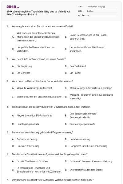 200+ câu trắc nghiệm Thực hành tiếng Đức từ trình độ A1 đến C1 có đáp án - Phần 11