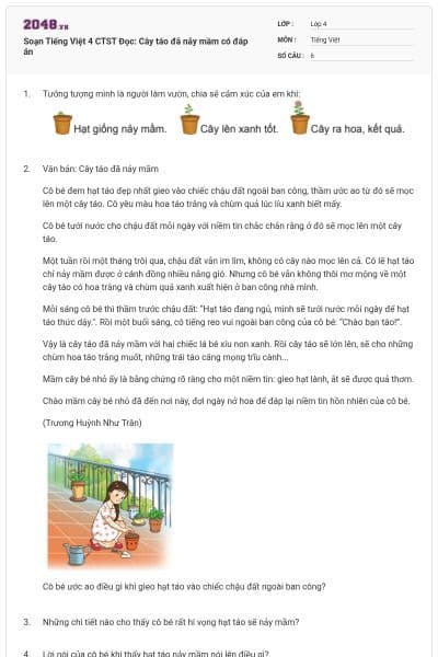 Soạn Tiếng Việt 4 CTST Đọc: Cây táo đã nảy mầm có đáp án