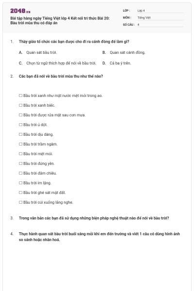 Bài tập hàng ngày Tiếng Việt lớp 4 Kết nối tri thức Bài 20: Bầu trời mùa thu có đáp án