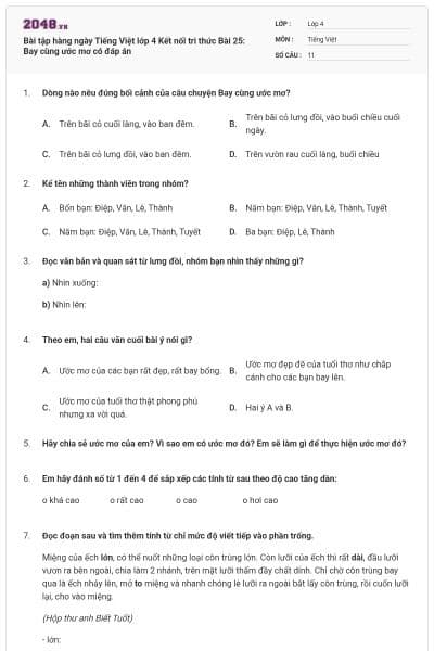 Bài tập hàng ngày Tiếng Việt lớp 4 Kết nối tri thức Bài 25: Bay cùng ước mơ có đáp án