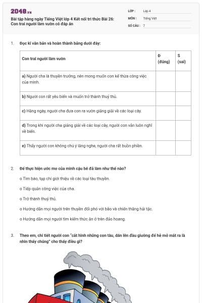 Bài tập hàng ngày Tiếng Việt lớp 4 Kết nối tri thức Bài 26: Con trai người làm vườn có đáp án
