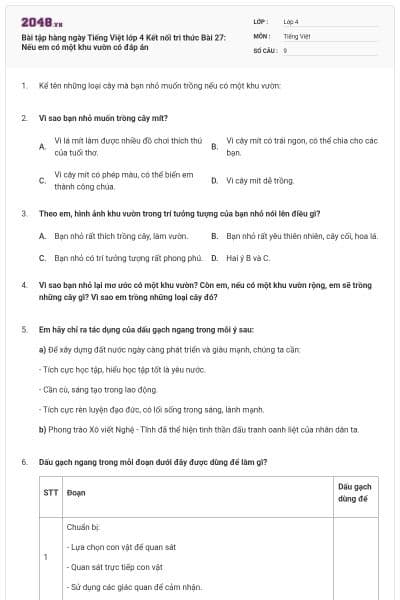 Bài tập hàng ngày Tiếng Việt lớp 4 Kết nối tri thức Bài 27: Nếu em có một khu vườn có đáp án