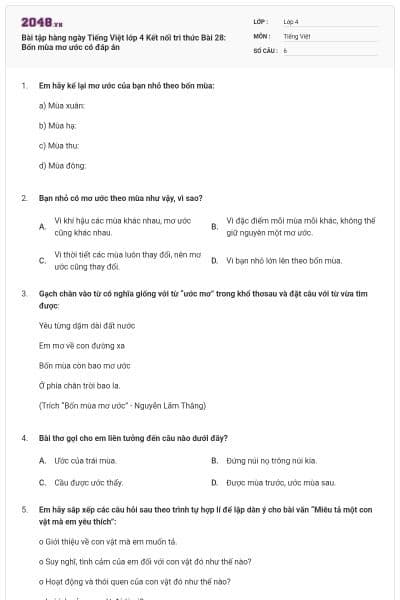 Bài tập hàng ngày Tiếng Việt lớp 4 Kết nối tri thức Bài 28: Bốn mùa mơ ước có đáp án