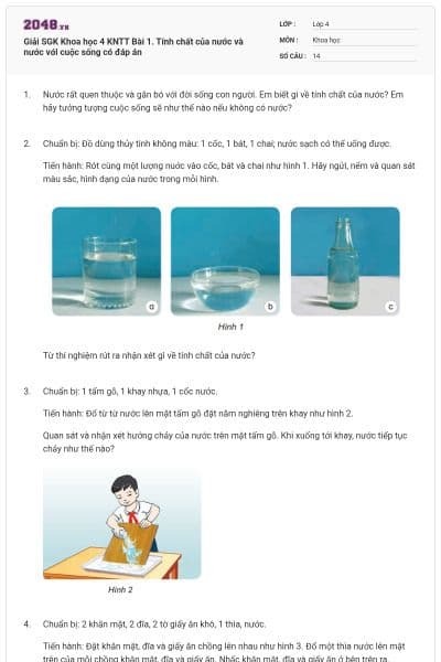 Giải SGK Khoa học 4 KNTT Bài 1. Tính chất của nước và nước với cuộc sống có đáp án