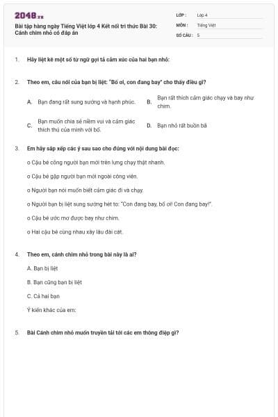 Bài tập hàng ngày Tiếng Việt lớp 4 Kết nối tri thức Bài 30: Cánh chim nhỏ có đáp án