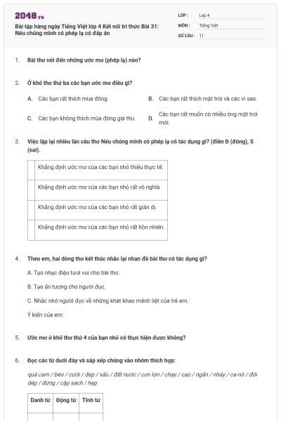 Bài tập hàng ngày Tiếng Việt lớp 4 Kết nối tri thức Bài 31: Nếu chúng mình có phép lạ có đáp án