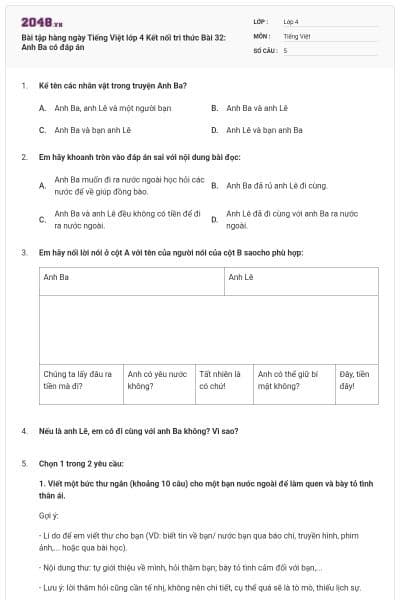 Bài tập hàng ngày Tiếng Việt lớp 4 Kết nối tri thức Bài 32: Anh Ba có đáp án