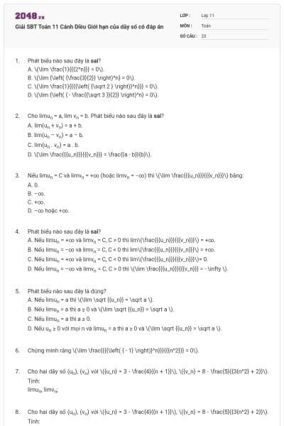Giải SBT Toán 11 Cánh Diều Giới hạn của dãy số có đáp án