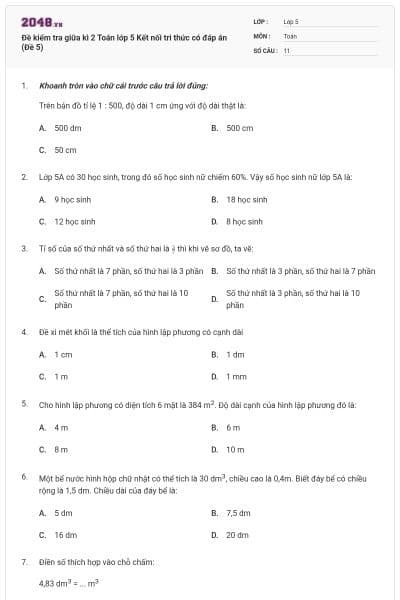 Đề kiểm tra giữa kì 2 Toán lớp 5 Kết nối tri thức có đáp án (Đề 5)