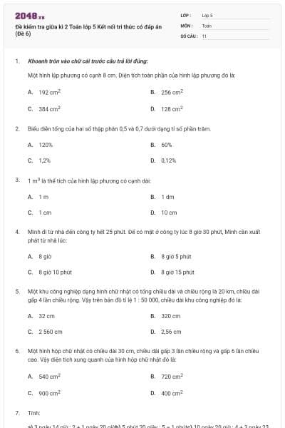 Đề kiểm tra giữa kì 2 Toán lớp 5 Kết nối tri thức có đáp án (Đề 6)