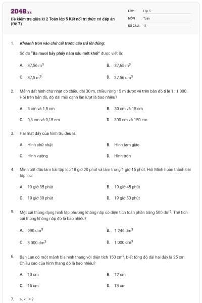 Đề kiểm tra giữa kì 2 Toán lớp 5 Kết nối tri thức có đáp án (Đề 7)