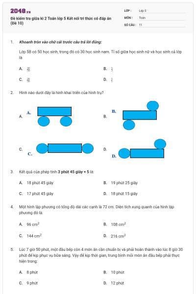 Đề kiểm tra giữa kì 2 Toán lớp 5 Kết nối tri thức có đáp án (Đề 10)