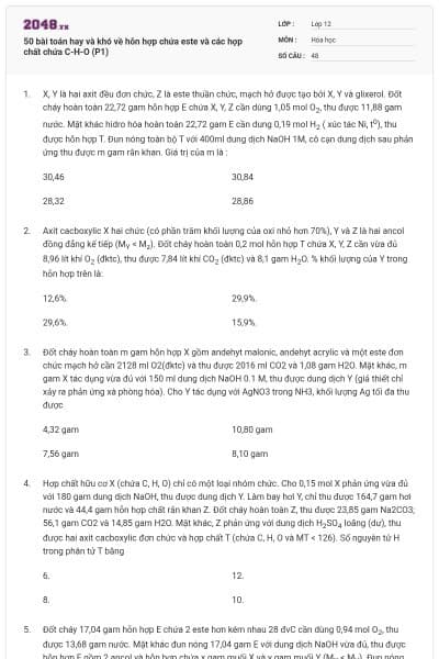 50 bài toán hay và khó về hỗn hợp chứa este và các hợp chất chứa C-H-O (P1)