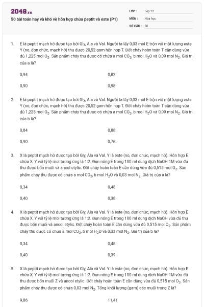 50 bài toán hay và khó về hỗn hợp chứa peptit và este (P1)