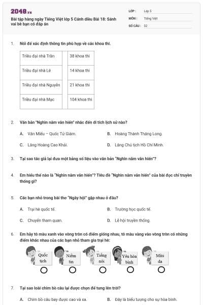 Bài tập hàng ngày Tiếng Việt lớp 5 Cánh diều Bài 18: Sánh vai bè bạn có đáp án