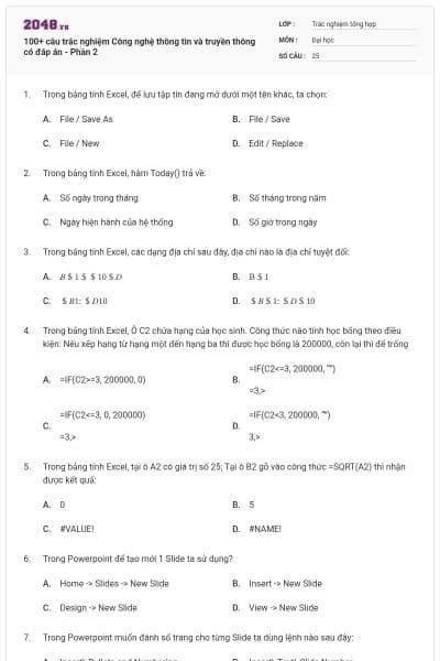 100+ câu trắc nghiệm Công nghệ thông tin và truyền thông có đáp án - Phần 2