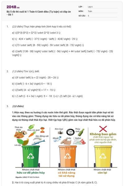 Bộ 5 đề thi cuối kì 1 Toán 6 Cánh diều (Tự luận) có đáp án - Đề 1