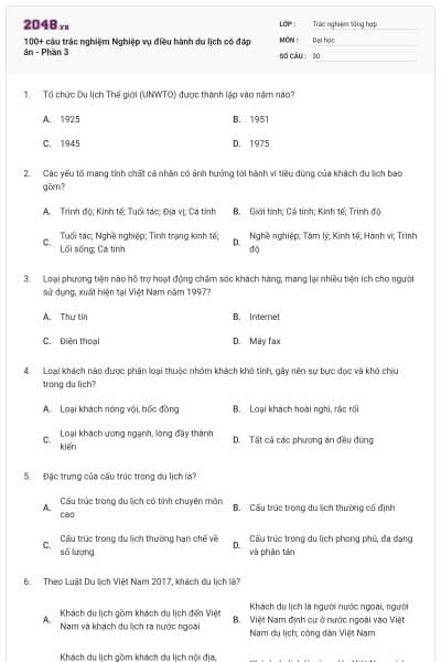 100+ câu trắc nghiệm Nghiệp vụ điều hành du lịch có đáp án - Phần 3