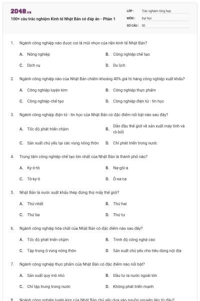 100+ câu trắc nghiệm Kinh tế Nhật Bản có đáp án - Phần 1
