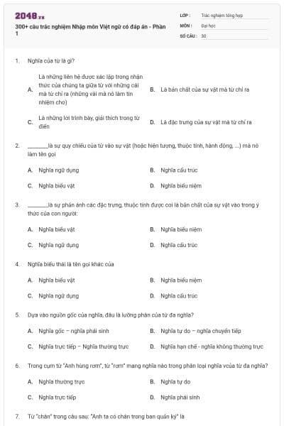 300+ câu trắc nghiệm Nhập môn Việt ngữ có đáp án - Phần 1
