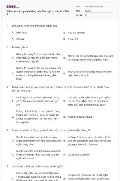 300+ câu trắc nghiệm Nhập môn Việt ngữ có đáp án - Phần 3