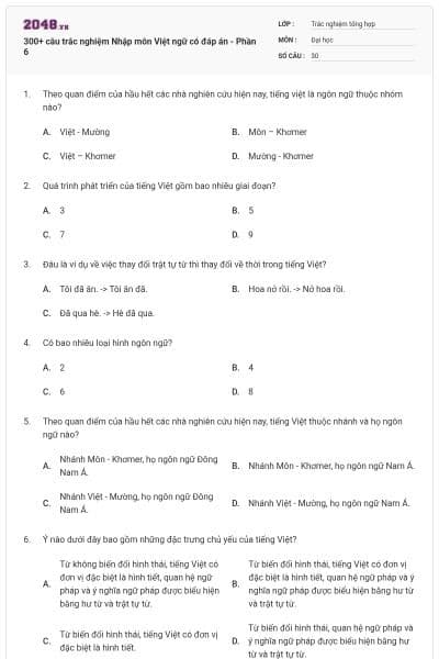 300+ câu trắc nghiệm Nhập môn Việt ngữ có đáp án - Phần 6