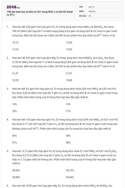 100 bài toán hay và khó về (H+ trong NO3-) có khí H2 thoát ra (P1)