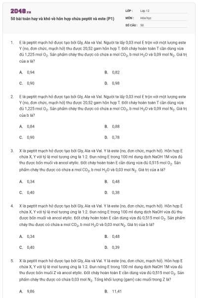 50 bài toán hay và khó về hỗn hợp chứa peptit và este (P1)