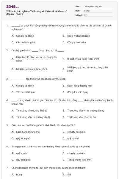 200+ câu trắc nghiệm Thị trường và định chế tài chính có đáp án - Phần 2