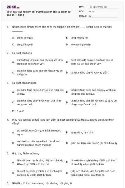 200+ câu trắc nghiệm Thị trường và định chế tài chính có đáp án - Phần 5