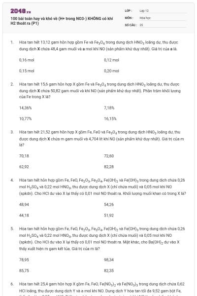 100 bài toán hay và khó về (H+ trong NO3-) KHÔNG có khí H2 thoát ra (P1)