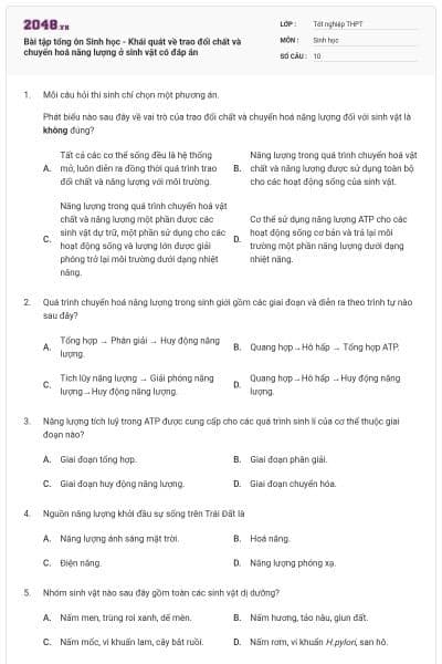 Bài tập tổng ôn Sinh học - Khái quát về trao đổi chất và chuyển hoá năng lượng ở sinh vật có đáp án