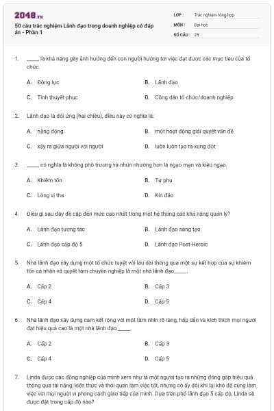 50 câu trắc nghiệm Lãnh đạo trong doanh nghiệp có đáp án - Phần 1