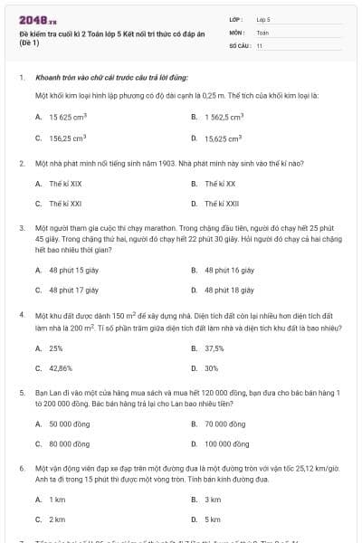 Đề kiểm tra cuối kì 2 Toán lớp 5 Kết nối tri thức có đáp án (Đề 1)
