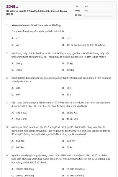 Đề kiểm tra cuối kì 2 Toán lớp 5 Kết nối tri thức có đáp án (Đề 2)