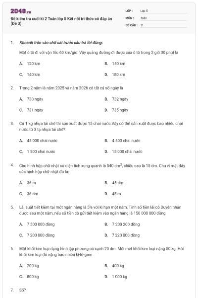 Đề kiểm tra cuối kì 2 Toán lớp 5 Kết nối tri thức có đáp án (Đề 3)