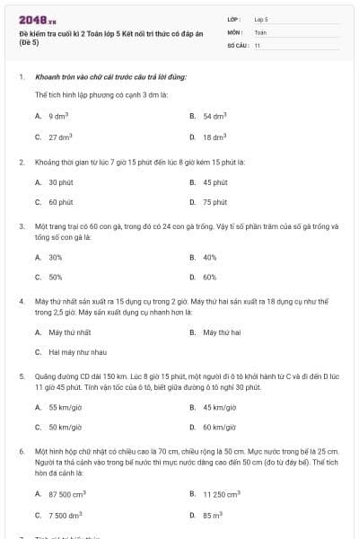 Đề kiểm tra cuối kì 2 Toán lớp 5 Kết nối tri thức có đáp án (Đề 5)