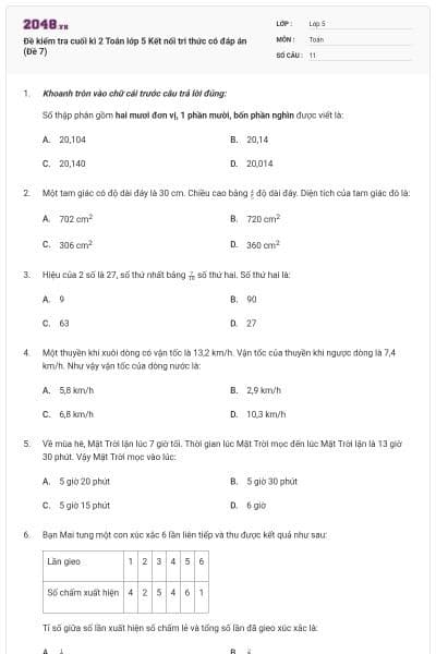 Đề kiểm tra cuối kì 2 Toán lớp 5 Kết nối tri thức có đáp án (Đề 7)