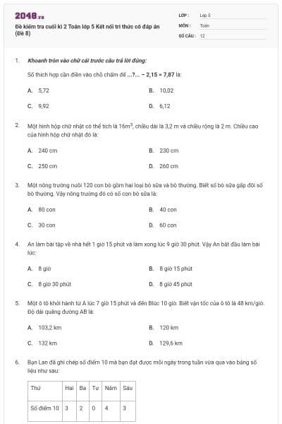 Đề kiểm tra cuối kì 2 Toán lớp 5 Kết nối tri thức có đáp án (Đề 8)