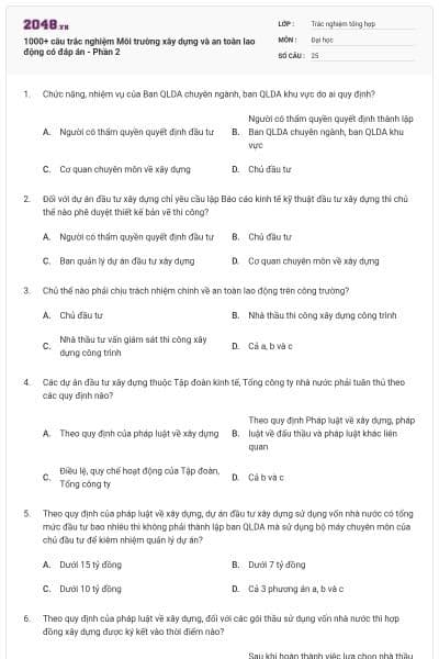 1000+ câu trắc nghiệm Môi trường xây dựng và an toàn lao động có đáp án - Phần 2