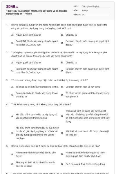 1000+ câu trắc nghiệm Môi trường xây dựng và an toàn lao động có đáp án - Phần 5